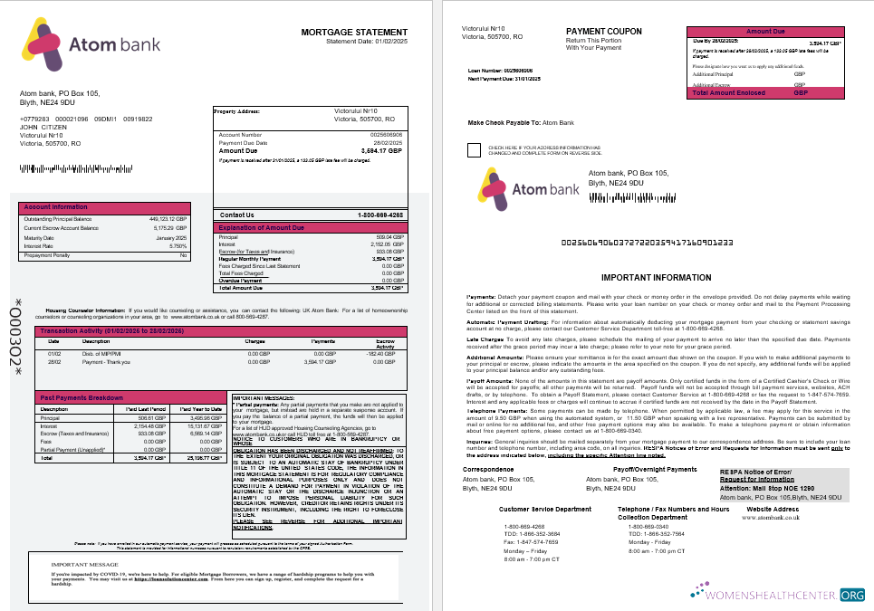 Download UK Atom Bank mortgage statement in Word and PDF formats 1 2 Photoshop template